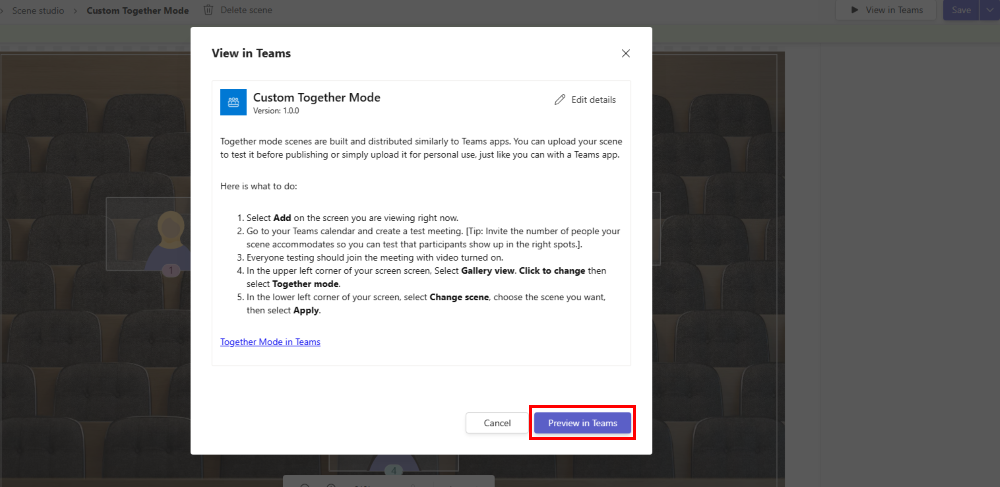 屏幕截图显示了用于在团队中预览场景的选项。
