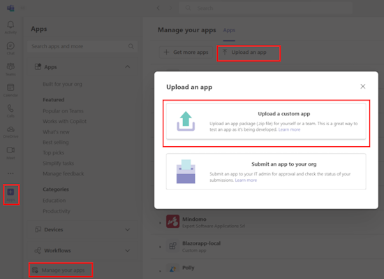 屏幕截图显示用于在 Teams 中上传自定义应用的选项。