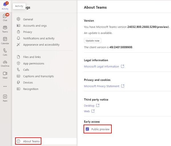 屏幕截图显示 Teams 设置中“关于 Teams”部分中的“公共预览版”复选框选项。