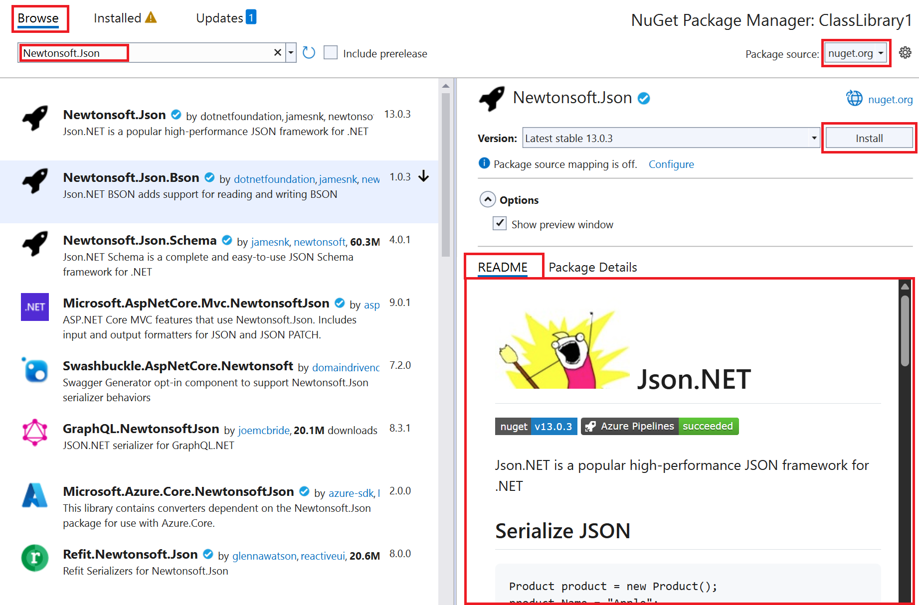 显示 NuGet 包管理器窗口的屏幕截图，其中选择了自述文件。