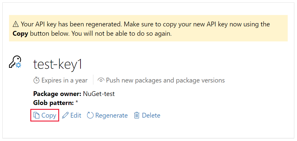 显示带有“复制”链接的新 API 密钥的屏幕截图。