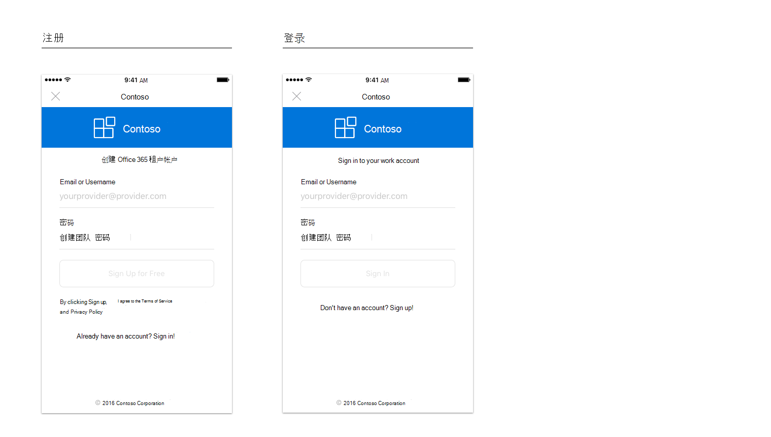 iOS 上的登录和注册页示例。