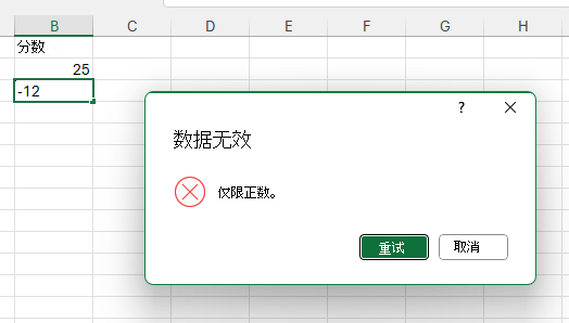 标题为“无效数据”和消息“仅限正数”。
