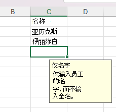 标题为“仅名字”和消息“仅输入员工名字，而不输入全名”。的提示符位于单元格中具有某些姓名的工作表旁边。