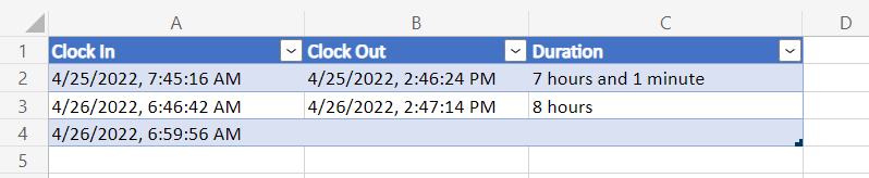 包含三列的表：“Clock In”、“Clock Out”和“Duration”。