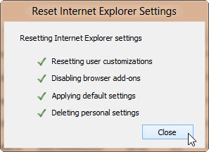 “重置 Internet Explorer 设置”窗口中“关闭”选项的屏幕截图。
