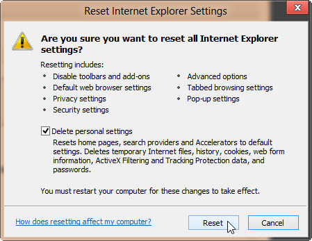 “重置 Internet Explorer 设置”窗口的屏幕截图。