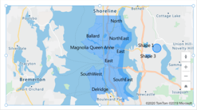 map 控件的屏幕截图，显示绘制和标记的示例形状。