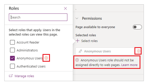 警报：匿名用户角色不应直接分配给网页。