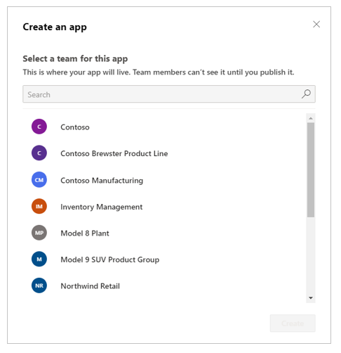 选择团队以创建应用。