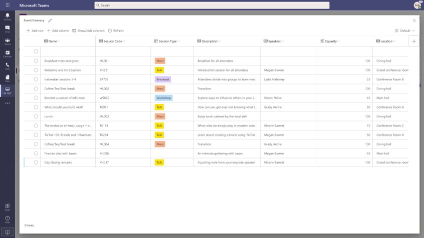 Teams 中的 Dataverse for Teams 表。