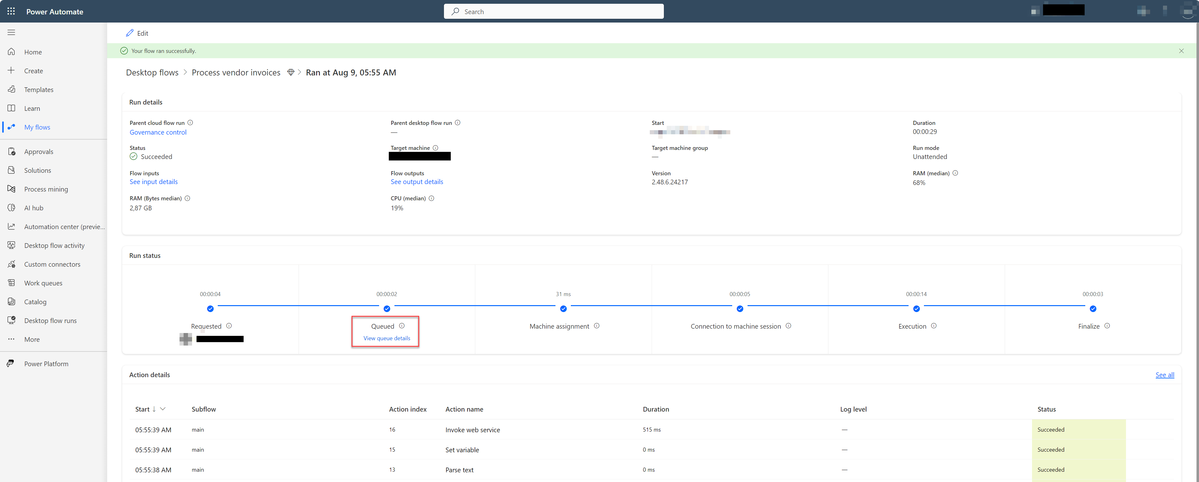 带有 view queue events 超链接的运行详细信息页面的屏幕截图。