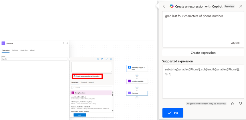 使用 Copilot 创建表达式的屏幕截图。