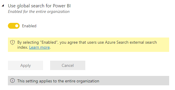 “使用 Power BI 的全局搜索”管理员设置的屏幕截图。