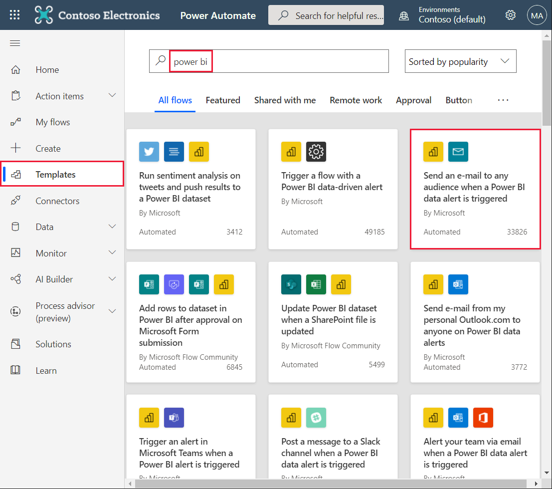 Screenshot of the Power Automate Send an e-mail to any audience when a Power BI data alert is triggered template option.