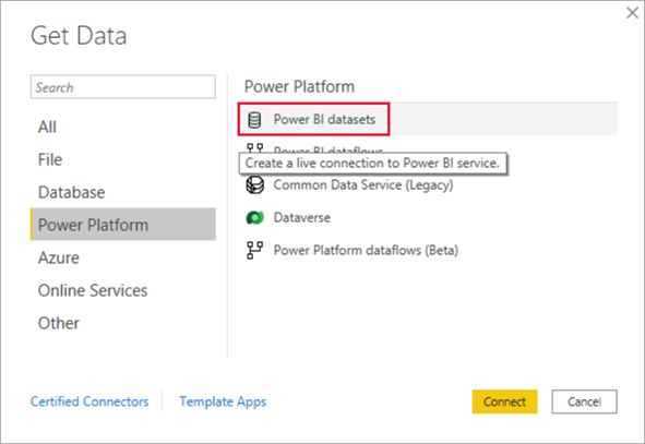 屏幕截图显示从 Power BI 语义模型获取数据。