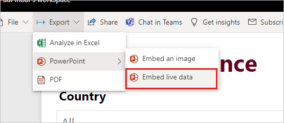 Power BI 报表“嵌入实时数据”选项的屏幕截图。