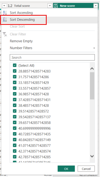 Power Query 编辑器的屏幕截图，其中显示了“新分数”列，突出显示了“降序排序”。