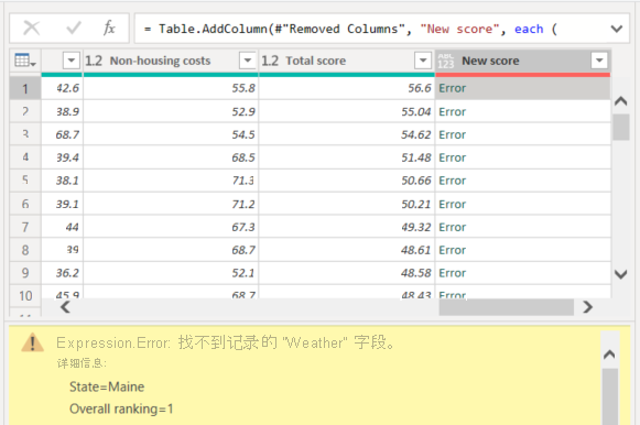 Power Query 编辑器的屏幕截图，其中显示了“新分数”列以及“错误详细信息”。