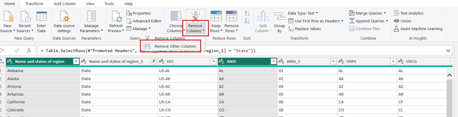 Power Query 编辑器的屏幕截图，其中突出显示了“删除列”下拉列表和“删除其他列”项。