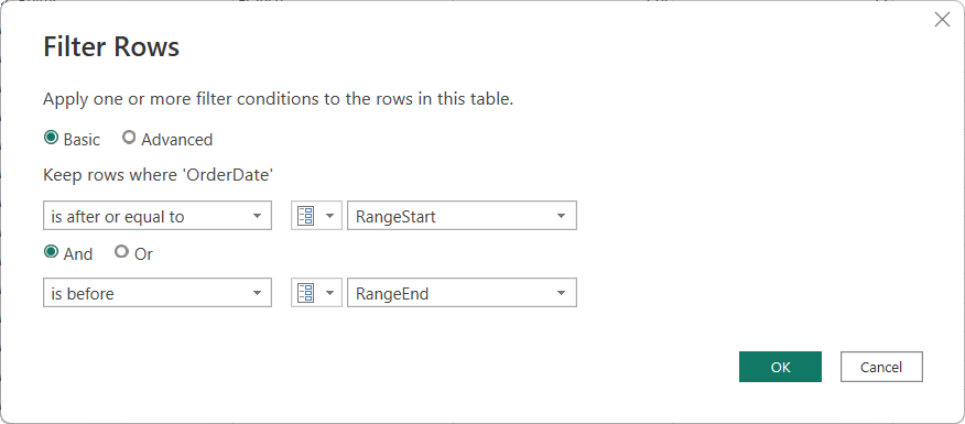 显示 RangeStart 和 RangeEnd 条件的“筛选行”对话框。