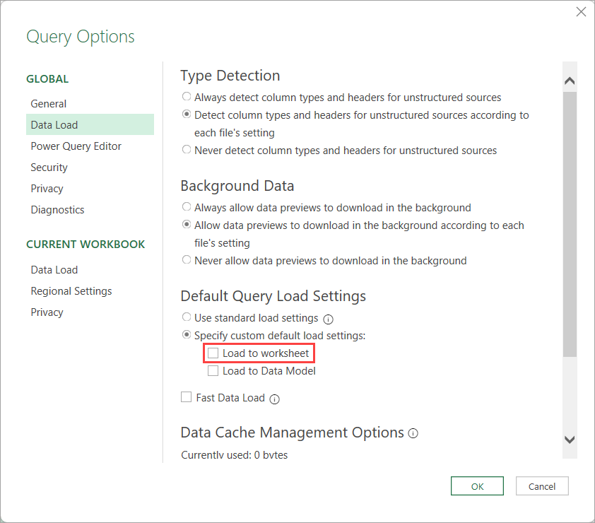 Screenshot that shows the Load to worksheet option.