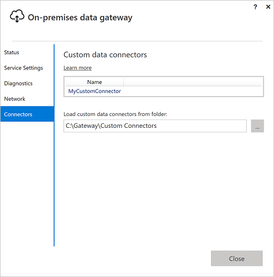 Screenshot that shows the Custom data connectors screen in the On-premises data gateway app.