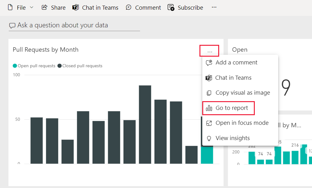 Screenshot of the pull requests by month tile with more options and go to report highlighted.