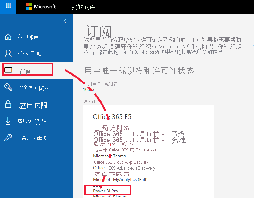 显示 Office 365 E5 订阅的“Office 门户订阅”选项卡