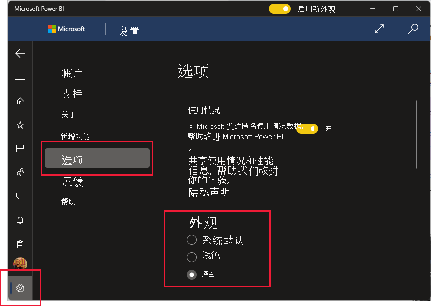 Power BI Windows 应用的外观设置的屏幕截图。