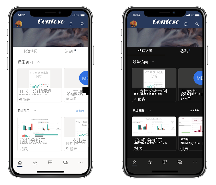 Power BI 浅色模式和 Power BI 深色模式的图片。
