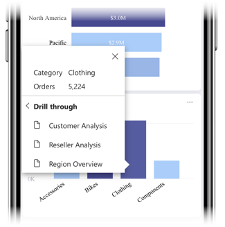 Screenshot of drill-through options in the mobile app.