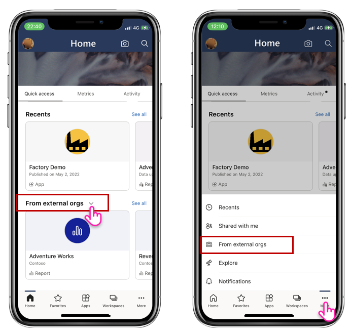 Power BI 移动应用主页上“来自外部组织”选项的屏幕截图。