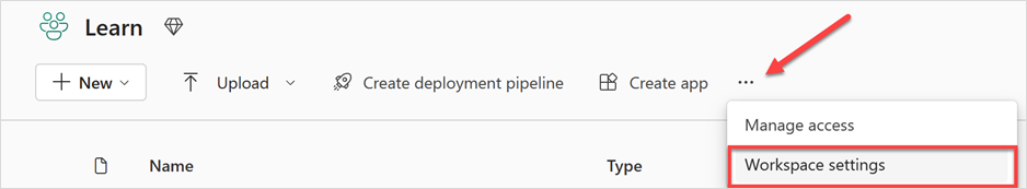 Power BI 服务中工作区“更多”菜单的屏幕截图，其中“工作区设置”加了一个红色框。