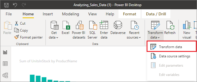 Screenshot of Power BI Desktop, highlighting the Transform data selection.