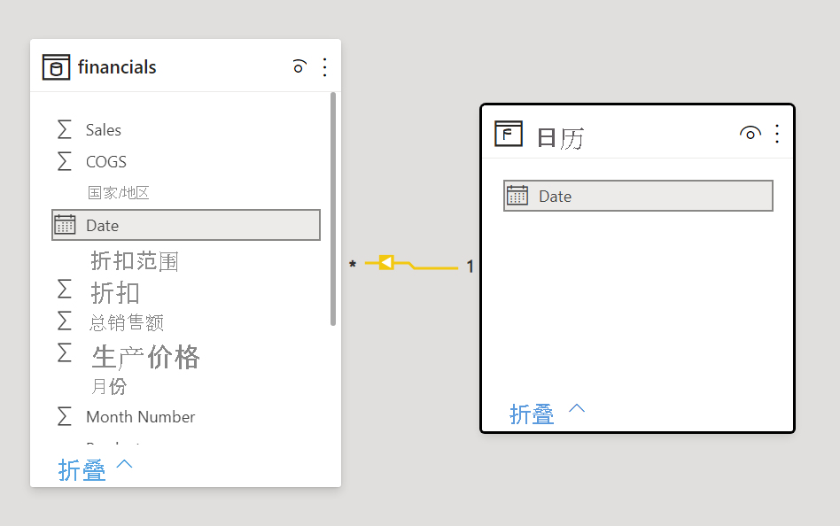 “日期”字段之间的关系的屏幕截图。