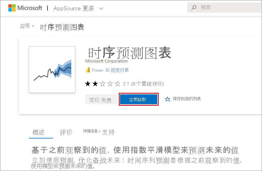 屏幕截图显示 App Source 中的时序预测图表 Power BI 视觉对象。