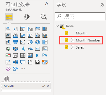 Screenshot of the Visualizations and Fields panes in the Power BI service. In the Fields pane, the Month Number field is highlighted.