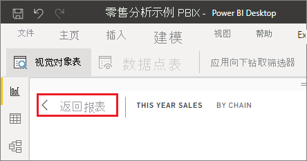 屏幕截图显示 Power BI Desktop 画布的左上角。突出显示“返回报表”。