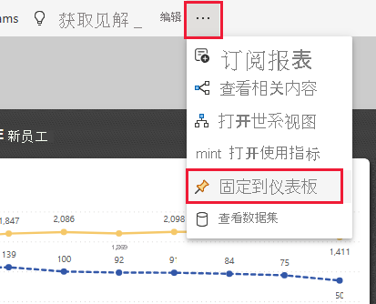 Screenshot shows a Power BI report page with the pin to dashboard option highlighted.