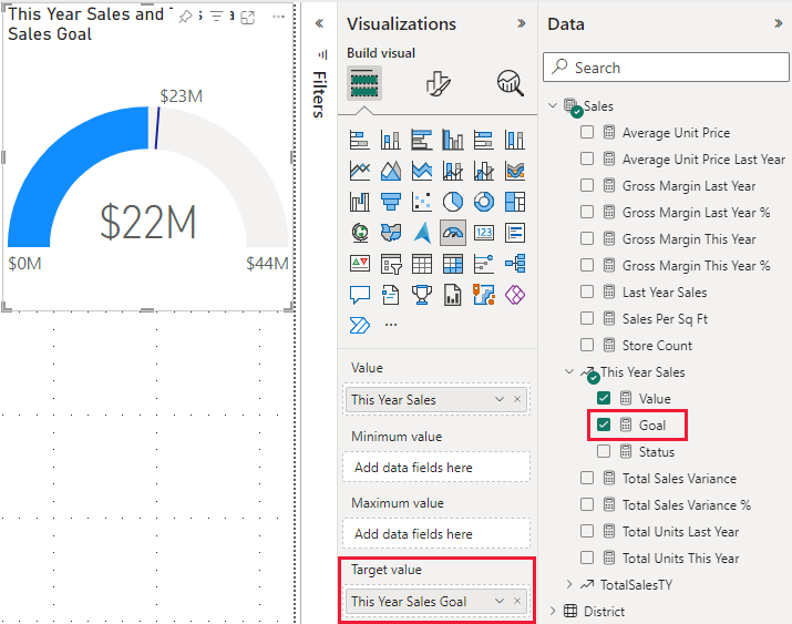 Screenshot of the Visualizations and Data panes, highlighting Target value and Goal.