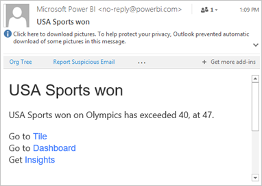 Screenshot of an example email with links to Power BI.