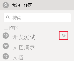 Power BI 服务的屏幕截图。在“工作区”列表中，分配了容量的工作区名称旁边会显示菱形。
