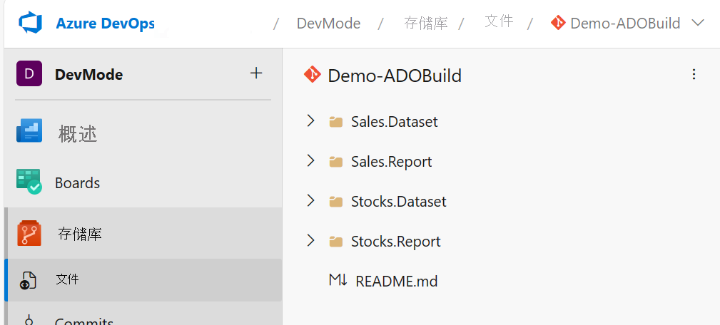 显示 Azure DevOps 分支的屏幕截图，其中包含不同工作区项的文件夹。