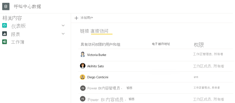 Power BI 服务的屏幕截图，其中显示了用户和组语义模型的直接访问权限。