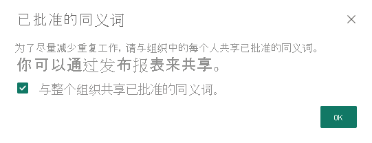 显示与组织中的所有人共享同义词的对话框的屏幕截图。