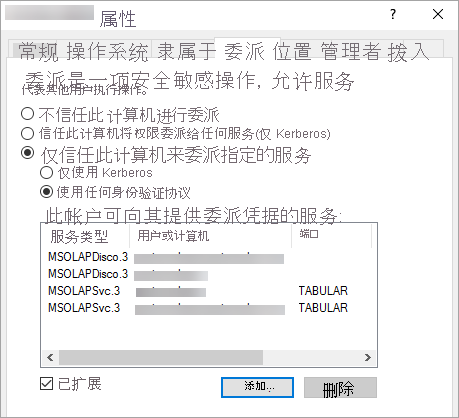 Power BI 报表的屏幕截图，其中显示了“属性”窗口的“委派”选项卡。