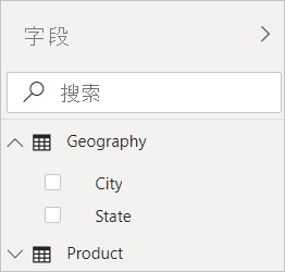 Screenshot of Power BI Desktop showing the Geography filter in the Fields view.