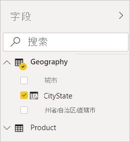 Screenshot of Power BI Desktop showing CityState checked in the Geography filter in the Fields view.