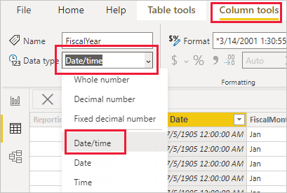 Power BI Desktop 的屏幕截图，其中显示了“建模”选项卡并选择了“数据类型”筛选器。